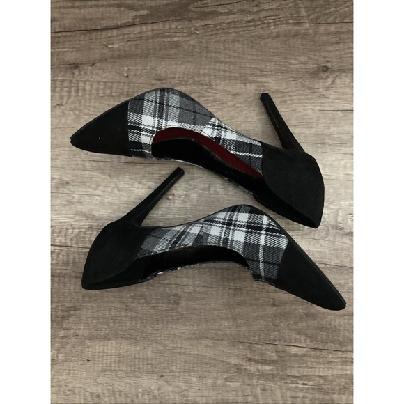 Penny Loves Kenny Plaid Heels SIZE 10 Black Velvet Pumps Pointed Toe - Picture 5 of 9